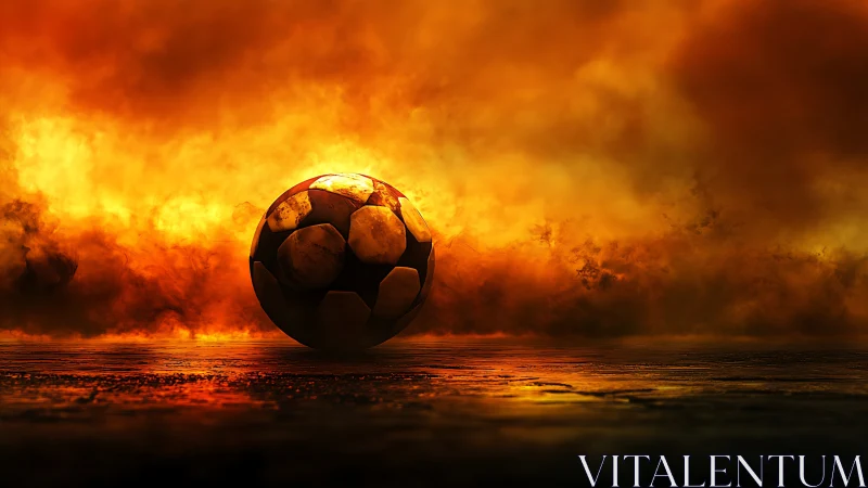 Soccer ball rests on reflective ground before dense fire cloud