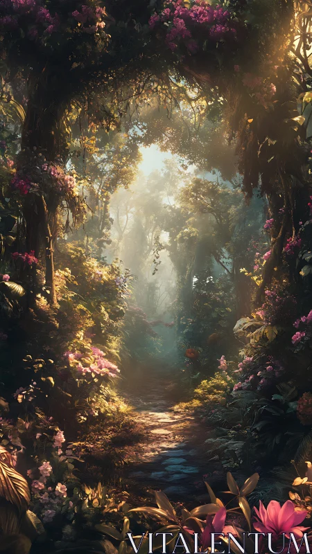 Enchanted Forest Garden Path with Blooming Flowers and Golden Light