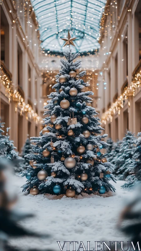 Snow-laden Christmas tree stands under bokeh-lit glass arcade