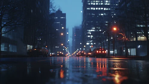 Rain-soaked avenue hums softly under patient city headlights