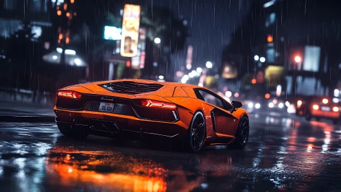 Rain-soaked supercar in neon-lit nocturnal urban transit scene.