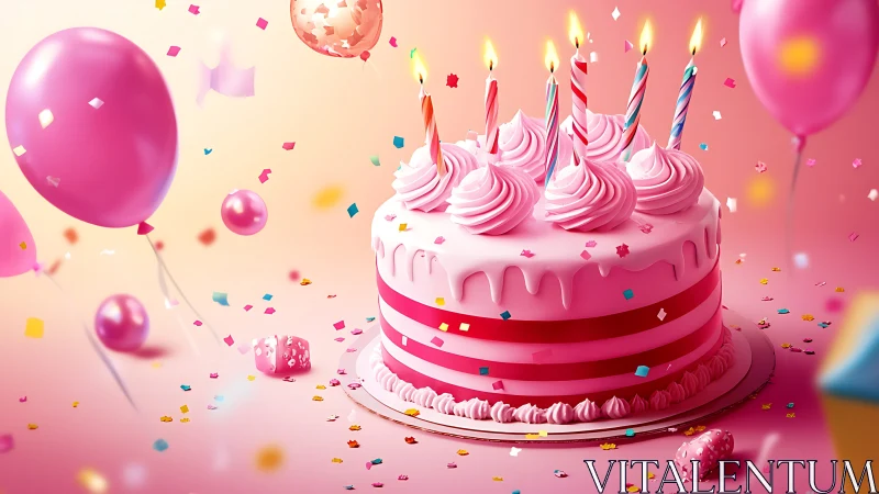 Vibrant Pink Birthday Celebration with Cake and Floating Balloons