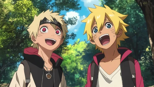 Energetic blond anime friends under sunlit forest canopy.