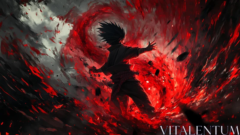 Dark figure controlling swirling red energy vortex.