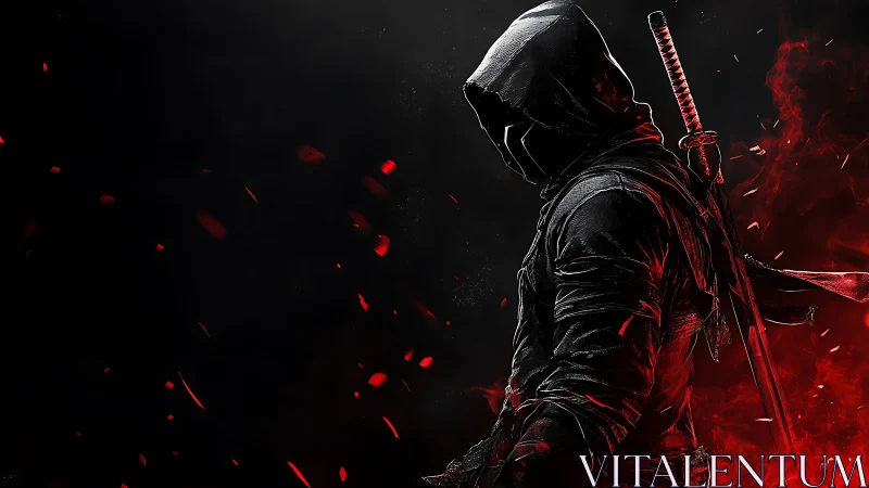 Hooded cyber ninja stands in red embers against black void