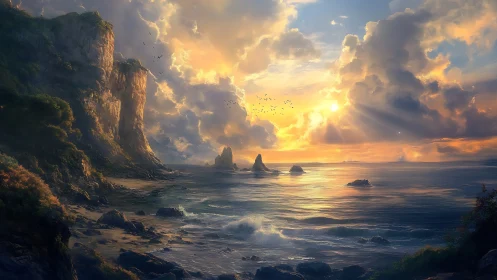 Sunlit cliffs trade secrets with a storm-kissed, glowing sea