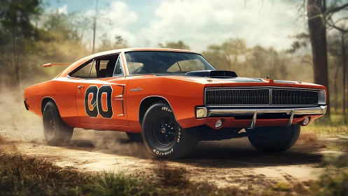 Dust-slinging orange muscle car charges through forest track.