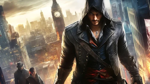 Hooded assassin figure in cinematic cityscape artwork.
