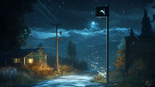 Rainy mountain lane glowing with small-town night magic.