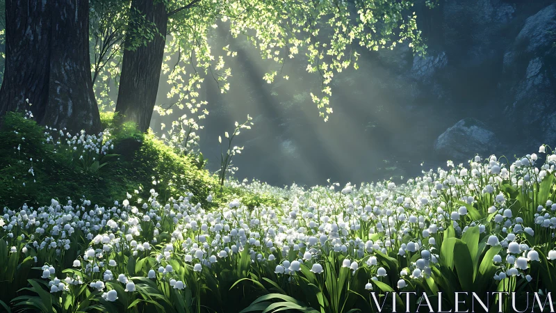 Sunlit woodland clearing with lilies and volumetric rays.