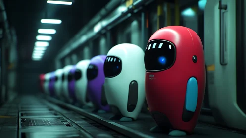 Row of capsule robots on industrial conveyor line.