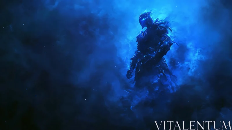 Armored spectral warrior emerging from luminous blue mist.