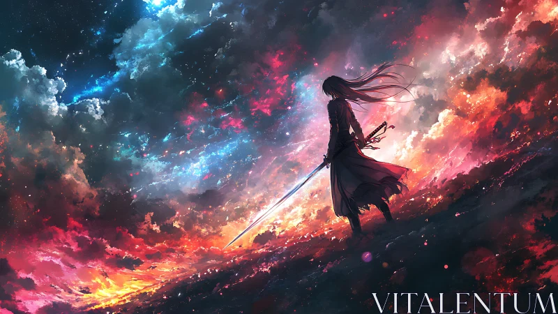 Lone anime swordsman against vivid cosmic sky at dusk.