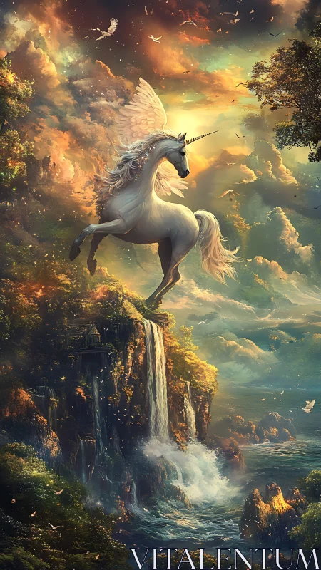 Winged unicorn above cascade in luminous fantasy tableau.
