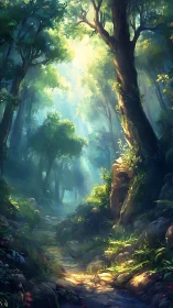 Mystical Forest Cathedral Light Streaming Through Ancient Trees