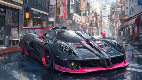 Rain-soaked Tokyo street with neon-trimmed hypercar artwork.