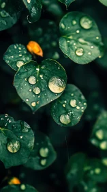 Raindrops rest on dark emerald leaves in moody focus.