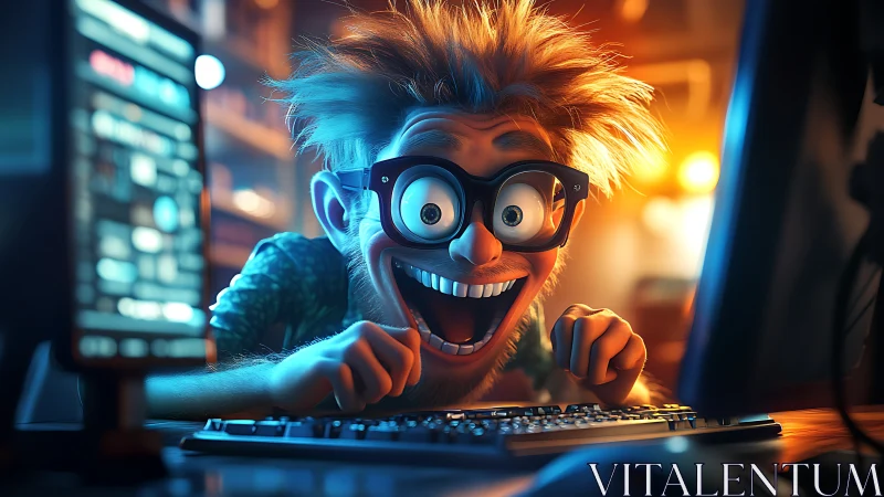 Cartoon hacker overloads glowing workstation in neon chaos.