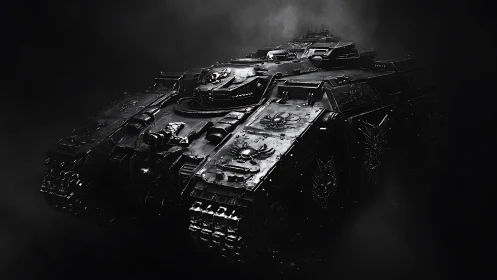 Photorealistic armored siege tank in volumetric shadow play.