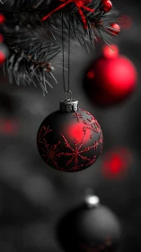 Black and red Christmas ornament hangs on blurred tree