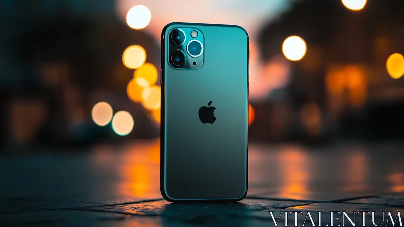 iPhone 11 Pro Max displayed on urban surface with bokeh lighting