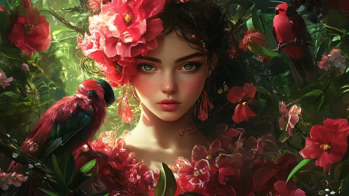 Female figure with red flora and birds in dense foliage.