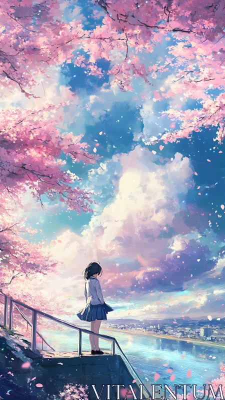 Schoolgirl under sakura canopy over luminous riverside sky.