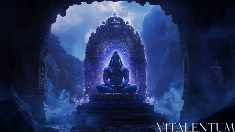Luminous blue deity in mystic cave shrine, cinematic glow.