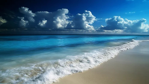 Coastal wavefront dynamics under cumulonimbus skyscape illumination.