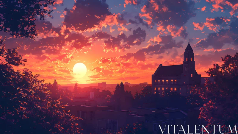 Sunlit city skyline under glowing orange cloud sunset.