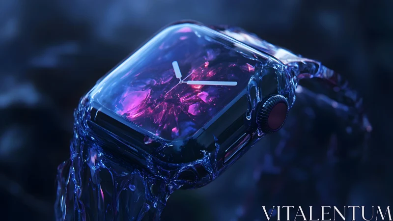 Futuristic smartwatch with glowing crystal face in digital art style.