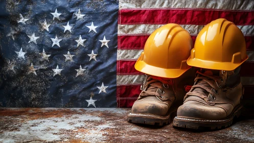 Photorealistic U.S. labor tribute with boots and hardhats foregrounded.