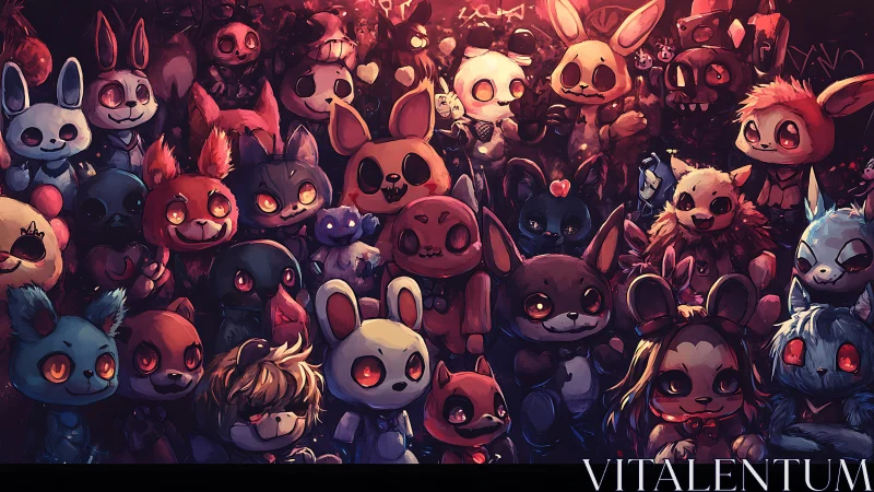 Crowded lineup of stylized rabbit-like toy characters.