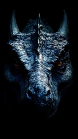 Monochrome blue dragon head portrait with horned frontal view