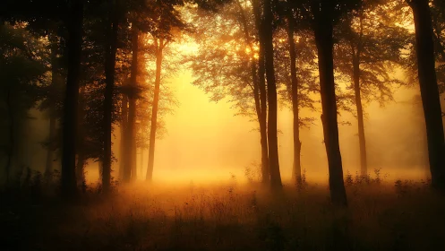Golden sunrise glows gently through a quiet misty forest