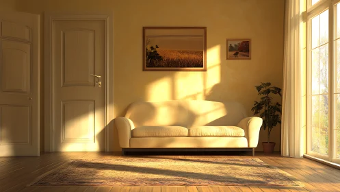 Sunlit interior sofa scene with directional warm global illumination
