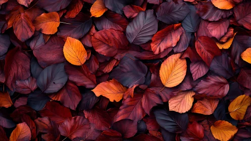 Autumn leaf carpet in deep red, orange and burgundy tones.