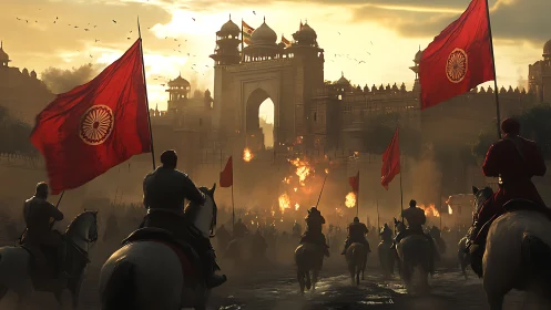 Mounted warriors advancing on fortified gate amid flames at dusk