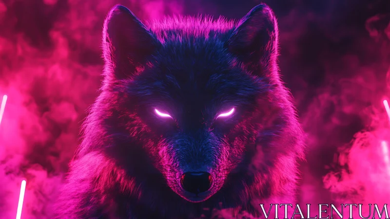 Neon cyber wolf head in glowing pink smoke portrait.