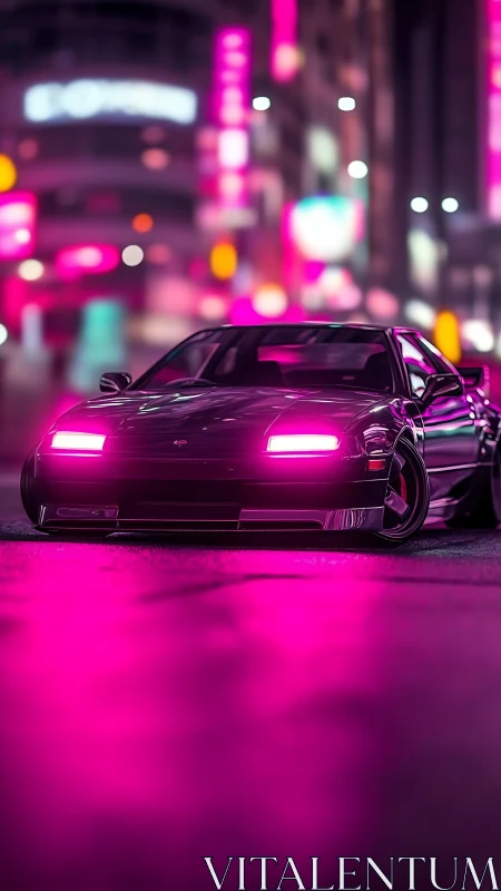 Neon drift car under vibrant pink city lights at night.