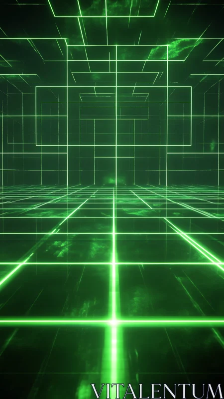 Neon data grid corridor pulses in luminous emerald perspective.
