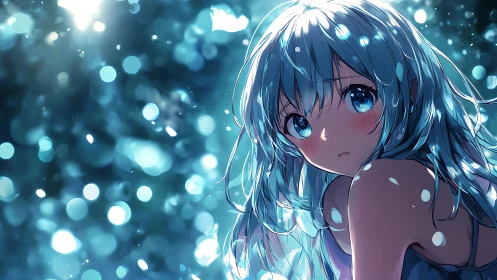 Blue haired anime girl glows amid dreamy bokeh lights.