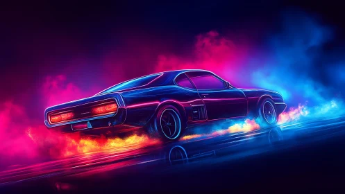 Retro muscle car in neon vaporwave drift with colored smoke trails.