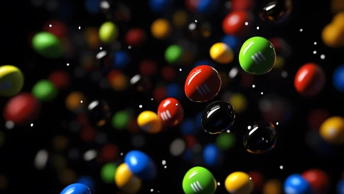 Colorful candy-coated chocolates floating in dark abstract space.