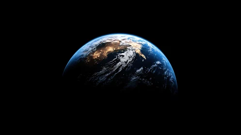 Crescent Earth illuminated above deep black space horizon.