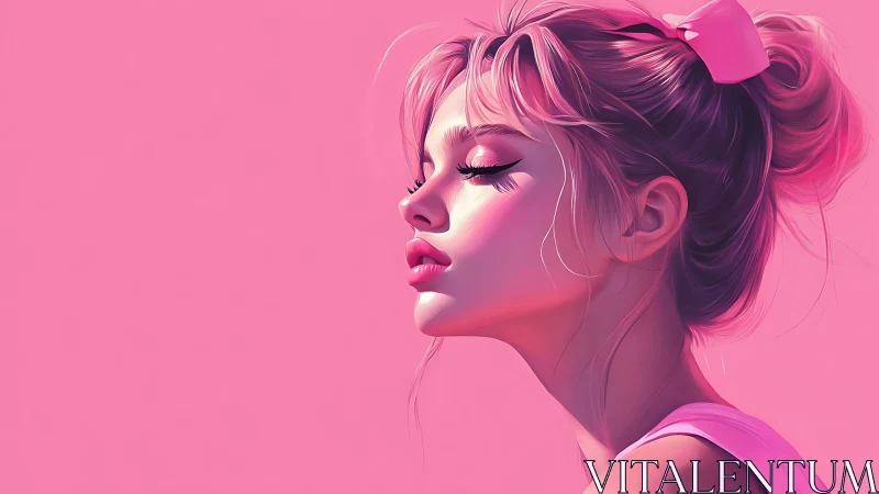 Soft neon portrait of serene girl in monochrome pink glow.