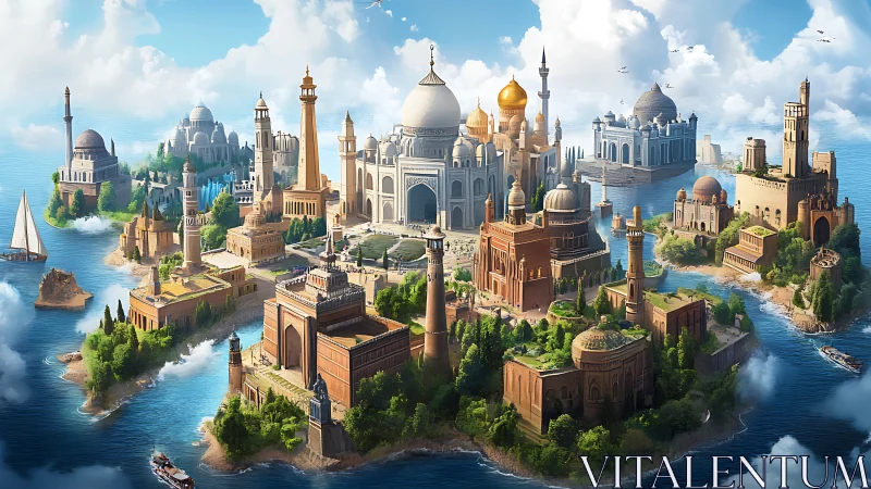 Floating island metropolis integrates hybrid Islamic architectural forms