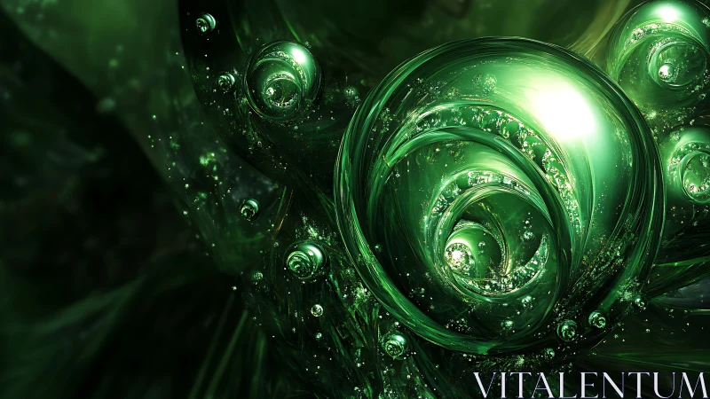 Emerald fractal spheres forming luminous abstract vortex.