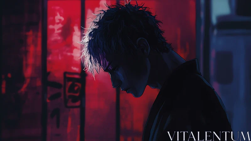 Silhouetted male profile against red neon urban backdrop.