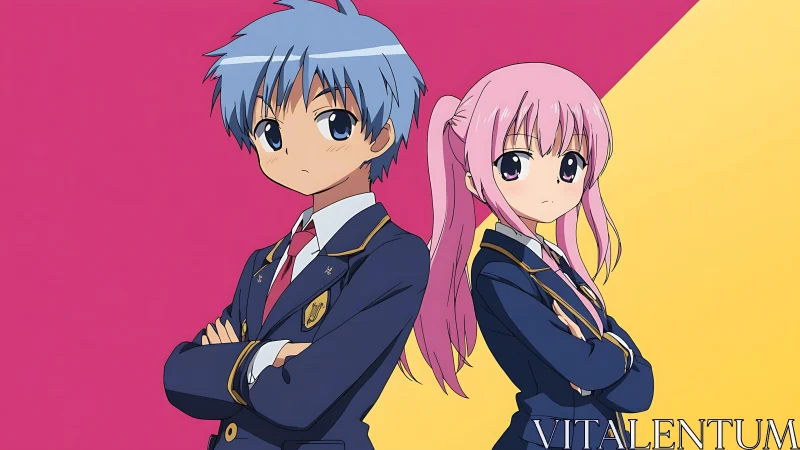 Serious anime students in uniforms on bold split background.